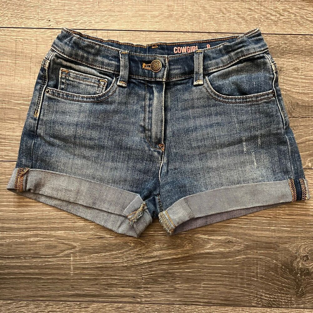 Crewcuts x JCrew Denim Shorts Girls sz 8 Blue Med Wash Cowgirl 5 Pocket Cuffed